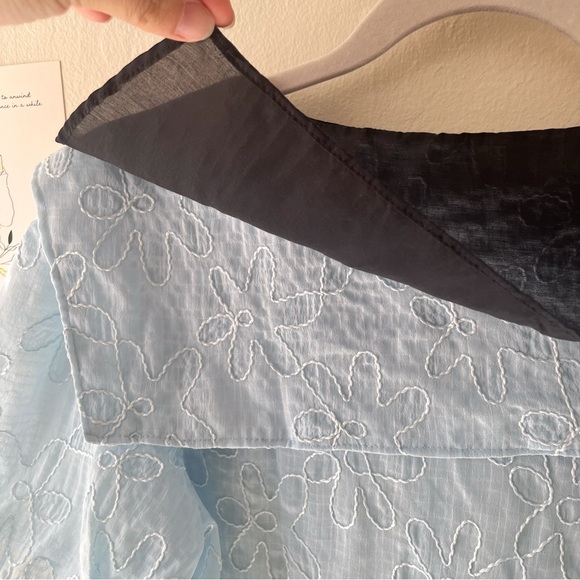 {New}Light Blue Double-Layered Sailor Collar Embroidered Blouse Puff Sleeves - Picture 4 of 9